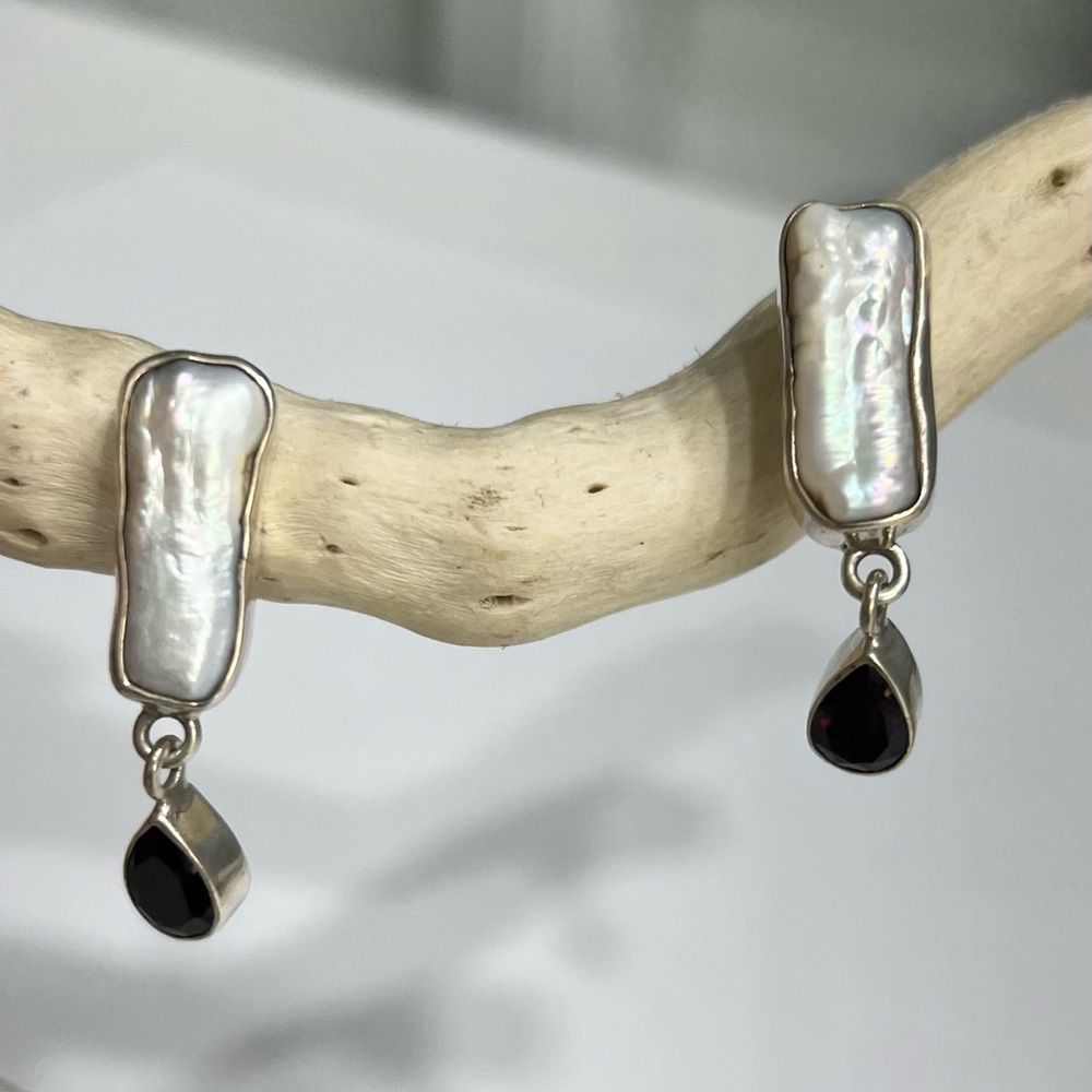 Echo of the Dreamer Sterling  Silver and Pearl , garnet drop earrings
